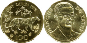 ZAIRE. 100 Zaires, 1975. London or Llantrisant Mint. NGC MS-65.
Fr-1; KM-11. AGW: 0.9675 oz. Mintage: 1,415. Wildlife Conservation Series: Leopard.
...