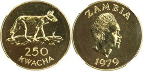 ZAMBIA. 250 Kwacha, 1979. Llantrisant Mint. NGC MS-64.
Fr-1; KM-20. Wildlife Conservation series: African wild dog. Mintage: 455. AGW: 0.9675 oz.

...