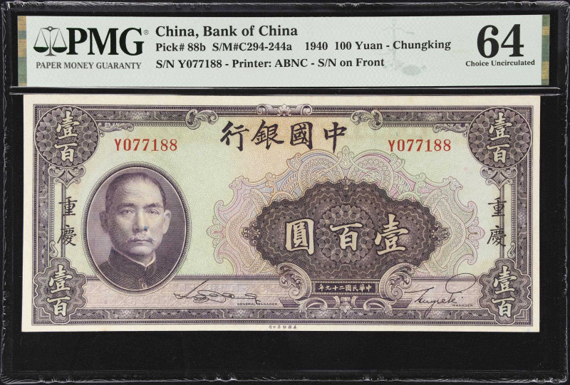 (t) CHINA--REPUBLIC. Lot of (3). Bank of China. 100 Yuan, 1940. P-88b. S/M#C294-...