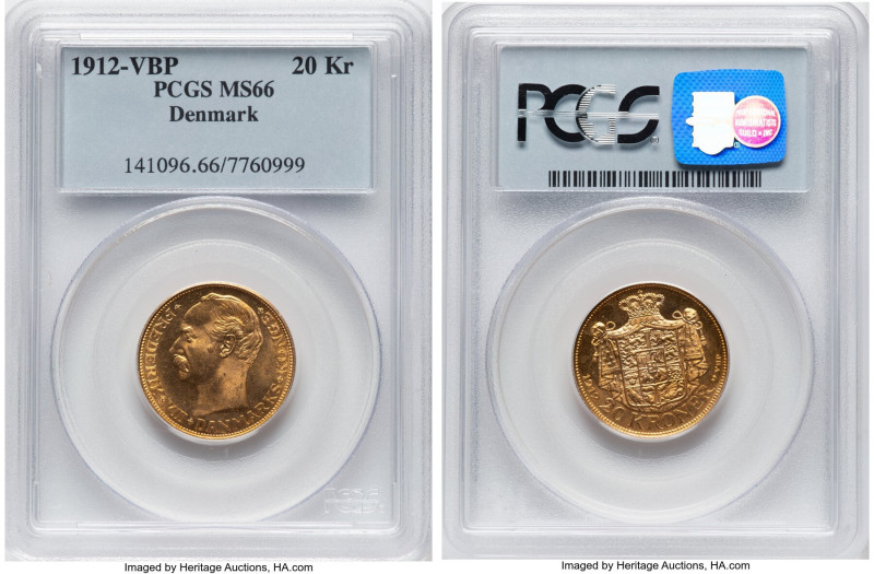 Frederick VIII gold 20 Kroner 1912 (h)-VBP MS66 PCGS, Copenhagen mint, KM810, Fr...