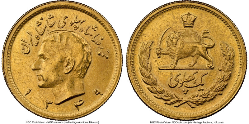 Muhammad Reza Pahlavi gold Pahlavi SH 1349 (1970) MS62 NGC, Tehran mint, KM1162....