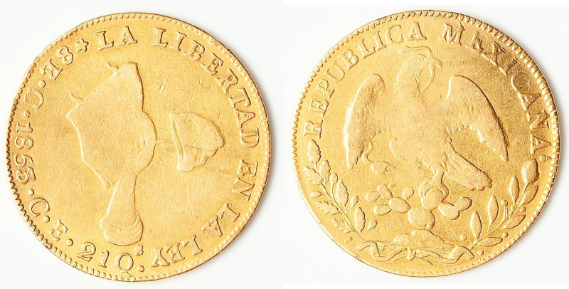 Republic gold 8 Escudos 1853/1 C-CE Fine (Cleaned), Culiacan mint, KM383.2. 37.2...