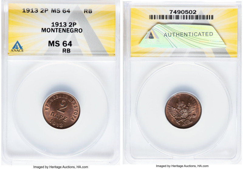 Nicholas I 2 Pare 1913 MS64 Red and Brown ANACS, KM17. Two year type. HID0980124...