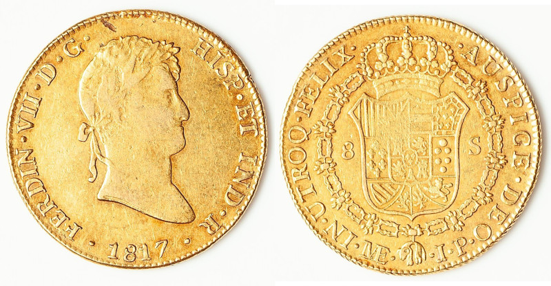 Ferdinand VII gold 8 Escudos 1817 LM-JP VF, Lima mint, KM129.1, Cal-1764. 36.4mm...