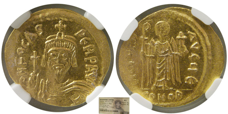 BYZANTINE EMPIRE; Phocas, 602-610 AD. Gold Solidus (4.46 gm; 21 mm). Constantino...