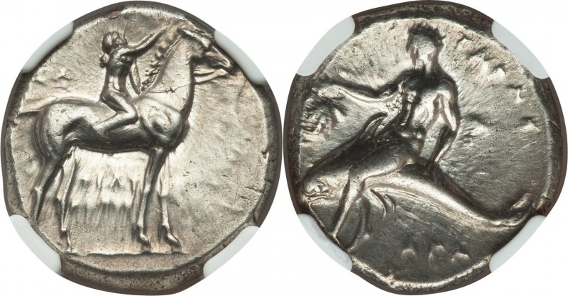 CALABRIA. Tarentum. Ca. 302-281 BC. AR stater or didrachm (21mm, 7.89 gm, 6h). N...