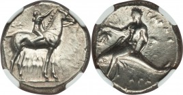 CALABRIA. Tarentum. Ca. 302-281 BC. AR stater or didrachm (21mm, 7.89 gm, 6h). NGC AU 4/5 - 3/5. Crowning youth on horseback right; ΣA behind, ΦIΛI/AP...
