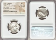 ATTICA. Athens. Ca. 455-440 BC. AR tetradrachm (23mm, 17.18 gm, 3h). NGC XF 5/5 - 4/5. Early transitional issue. Head of Athena right, wearing crested...