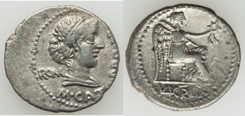 M. Porcius Cato (89 BC). AR denarius (19mm, 3.31 gm, 6h). Choice VF. ROMA (MA li...