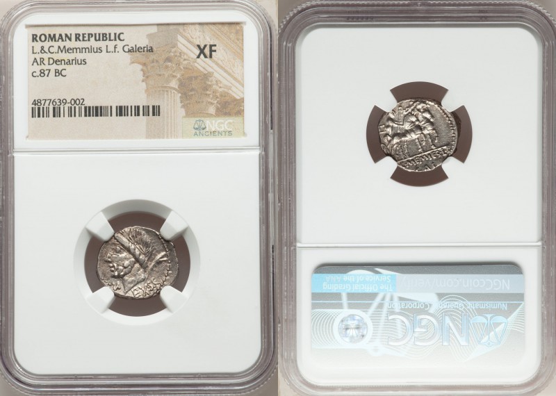L. and C. Memies L.f. Galeria (87 BC). AR denarius (18mm, 5h). NGC XF. Rome. EX•...