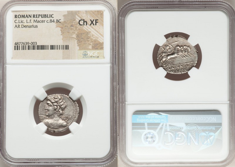 C. Licinius L.f. Macer (84 BC). AR denarius (21mm, 5h). NGC Choice XF. Rome. Dia...