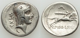 C. Calpurnius Piso L.f. Frugi (67 or 61 BC). AR denarius (18mm, 3.57 gm, 6h). VF, bankers marks. Rome. Laureate head of Apollo right; CXꓕV behind / Ho...