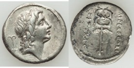 M. Plaetorius M.f. Cestianus (57 BC). AR denarius (19mm, 3.72 gm, 8h). VF, edge filing, bankers mark. Rome. Head of Bonus Eventus right, with flowing ...