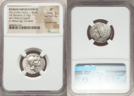 Mn. Cordius Rufus (ca. 46 BC). AR denarius (20mm, 3.76 gm, 5h). NGC XF 3/5 - 3/5, bankers marks. Rome. RVFVS•III•VIR, conjoined heads of the Dioscuri ...