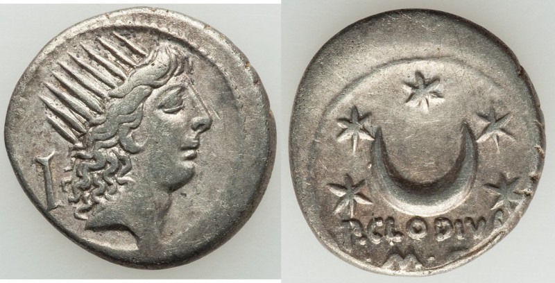 P. Clodius M.f. Turrinus (42 BC). AR denarius (18mm, 3.79 gm, 7h). VF. Rome, Rad...