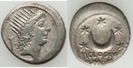 P. Clodius M.f. Turrinus (42 BC). AR denarius (18mm, 3.79 gm, 7h). VF. Rome, Radiate head of Sol right, quiver behind / Crescent moon and five stars; ...