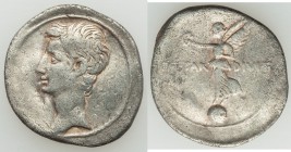 Octavian, as sole Imperator (31-27 BC). AR denarius (20mm, 3.43 gm, 8h). About VF. Italian mint, 31-30 BC. Bare head of Octavian left, linear border /...