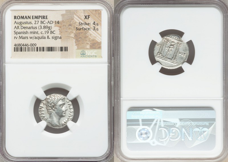 Augustus (27 BC-AD 14). AR denarius (19mm, 3.89 gm, 7h). NGC XF 4/5 - 3/5. Tarra...