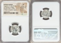 Augustus (27 BC-AD 14). AR denarius (19mm, 3.89 gm, 7h). NGC XF 4/5 - 3/5. Tarraco, 19 BC. CAESAR AVGVSTVS, bare head of Augustus right / MAR-VLT, dom...