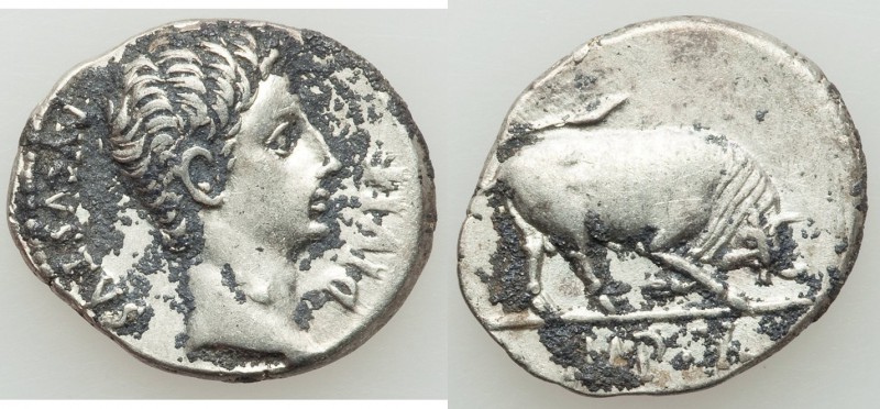 Augustus (27 BC-AD 14). AR denarius (19mm, 3.25 gm, 5h). VF, deposits. Lugdunum,...