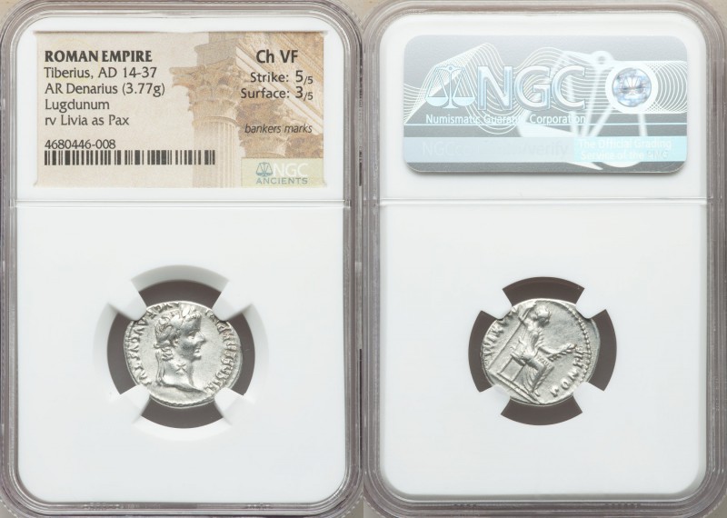 Tiberius (AD 14-37). AR denarius (19mm, 3.77 gm, 2h). NGC Choice VF 5/5 - 3/5, b...