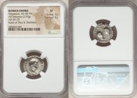 Vespasian (AD 69-79), with Titus and Domitian. AR denarius (18mm, 2.97 gm, 5h). NGC XF 4/5 - 2/5. Rome, January-June AD 70. IMP CAESAR VESPASIANVS AVG...