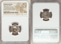 Titus (AD 79-81). AR denarius (18mm, 2.67 gm, 5h). NGC VG 5/5 - 2/5. Judaea Capta issue. Rome, June-July AD 79. IMP T CAESAR VESPASIANVS AVG, laureate...