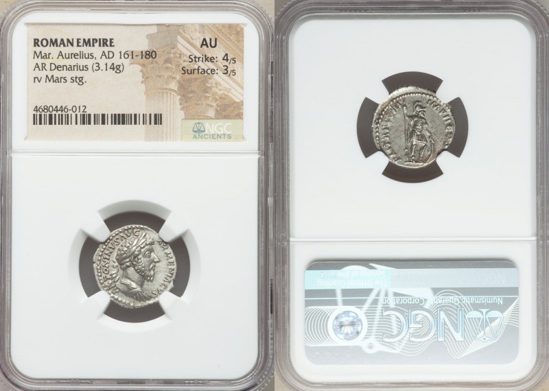 Marcus Aurelius (AD 161-180). AR denarius (18mm, 3.14 gm, 7h). NGC AU 4/5 - 3/5....