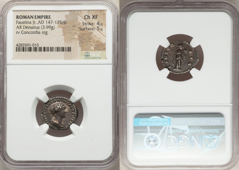 Faustina Junior (AD 147-175/6). AR denarius (18mm, 3.99 gm, 6h). NGC Choice XF 4...