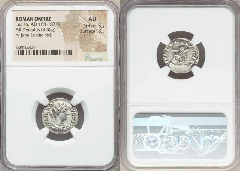 Lucilla (AD 164-182/3). AR denarius (19mm, 3.36 gm, 6h). NGC AU 5/5 - 3/5. Rome,...