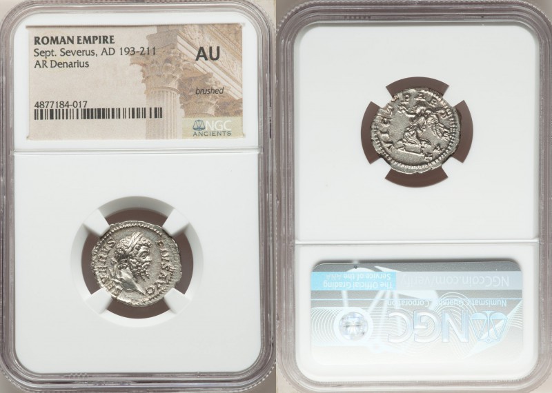 Septimius Severus (AD 193-211). AR denarius (19mm, 7h). NGC AU, brushed. Rome, A...