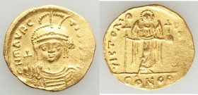 Maurice Tiberius (AD 582-602). AV solidus (22mm, 4.25 gm, 6h). XF. Constantinople, uncertain officina. o N mAVRC-TIb P P AVI, draped and cuirassed bus...