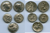 ANCIENT LOTS. Greek. Macedonian and Seleucid Kingdoms. Ca. 336-246 BC. Lot of five (5) AR tetradrachms. VG-Fine, test cuts, bankers punches. Includes:...