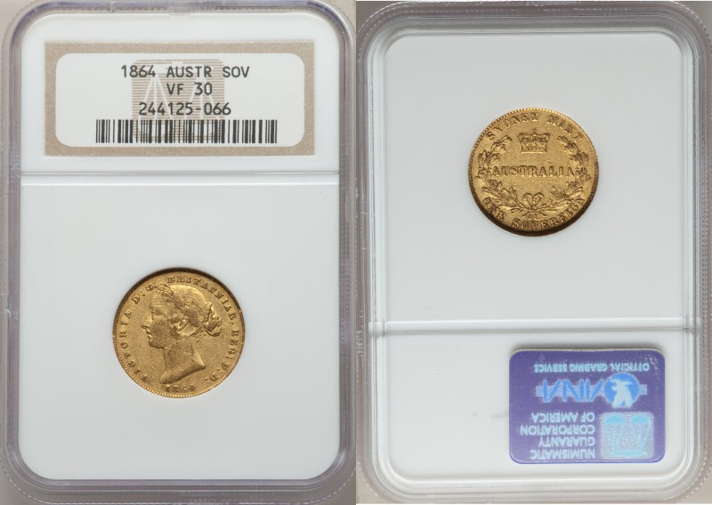 Victoria gold Sovereign 1864-SYDNEY VF30 NGC, Sydney mint, KM4.

HID09801242017