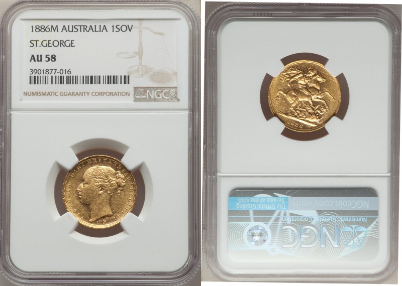 Victoria gold "St. George" Sovereign 1886-M AU58 NGC, Melbourne mint, KM7.

HID0...