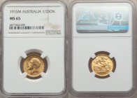 George V gold 1/2 Sovereign 1915-M MS65 NGC, Melbourne mint, KM28. This year and mint is the lowest mintage for type. 

HID09801242017