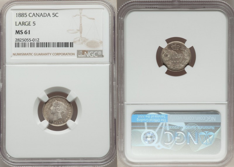 Victoria 5 Cents 1885 MS61 NGC, London mint, KM2. Large 5 variety.

HID098012420...
