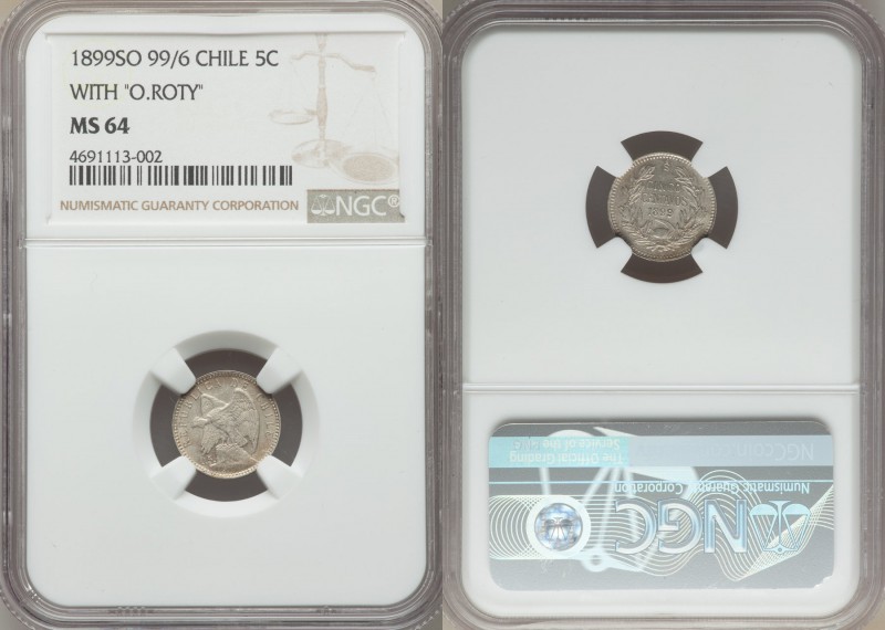 Republic 5 Centavos 1899-So MS64 NGC, Santiago mint, KM155.1. Variety with O. RO...