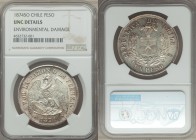 Republic Peso 1874-So UNC Details (Environmental Damage) NGC, Santiago mint, KM142.1. The noted damage appears to be confined to some minor porosity e...