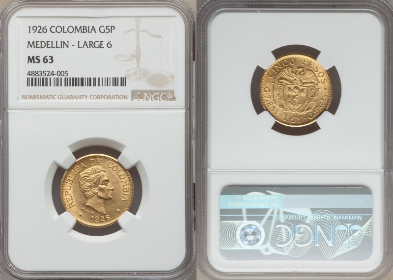 Republic gold 5 Pesos 1926 MS63 NGC, Medellin mint, KM204. Large "6" variety. Ch...