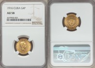 Republic gold 4 Pesos 1916 AU58 NGC, KM18. Two year type.

HID09801242017