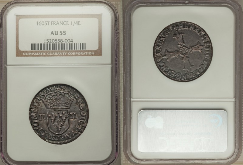 Louis XIV 1/4 Ecu 1605-T AU55 NGC, Nantes mint, KM162.19, Dup. 1224, Ciani-1517....