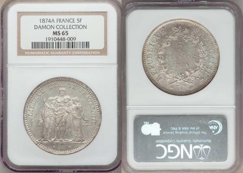 Republic 5 Francs 1874-A MS65 NGC, Paris mint, KM820.1. Ex. Damon Collection

HI...