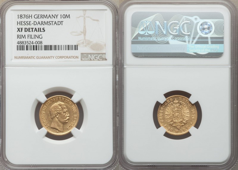 Hesse-Darmstadt. Ludwig III gold 10 Mark 1876-H XF Details (Rim Filing) NGC, Dar...