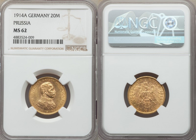 Prussia. Wilhelm II gold 20 Mark 1914-A MS62 NGC, Berlin mint, KM537.

HID098012...