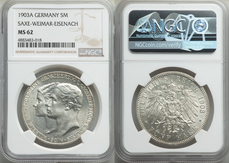 Saxe-Weimar-Eisenach. Wilhelm Ernst 5 Mark 1903-A MS62 NGC, Berlin mint, KM218. ...