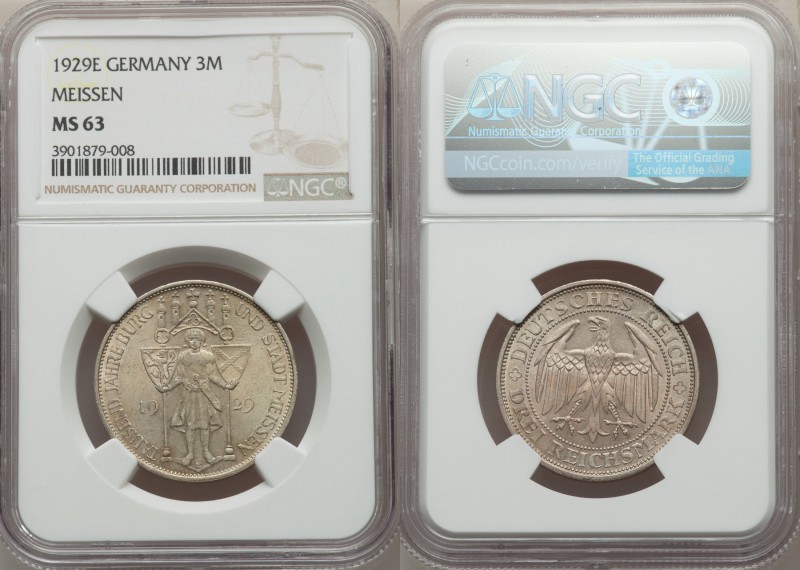 Weimar Republic 3 Mark 1929-E MS63 NGC, Muldenhutten mint, KM65. For the 100th a...