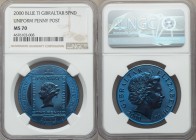 Elizabeth II titanium 5 Pounds 2000 MS70 NGC, Pobjoy mint, KM885. For the 160th anniversary uniform penny post. Electric blue frosted and prooflike de...
