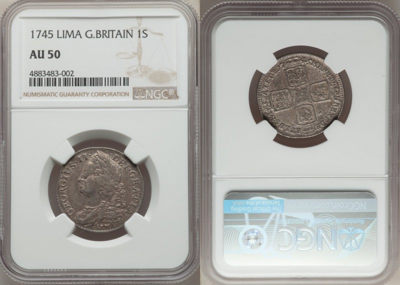 George II "Lima" Shilling 1745 AU50 NGC, Royal mint, KM583.2, S-3703. The silver...