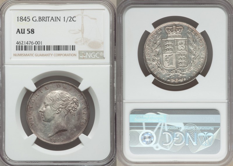 Victoria 1/2 Crown 1845 AU58 NGC, KM740, S-3888, ESC-2722. Lovely young head coi...